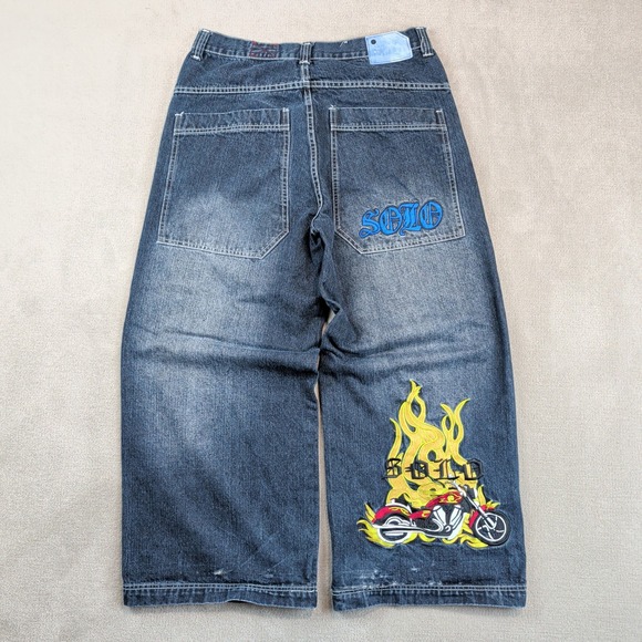Solo Jeans 34 Baggy Vintage Y2K Skater Jeans Motorcycle Flame Embroider Wide Leg — photo 2